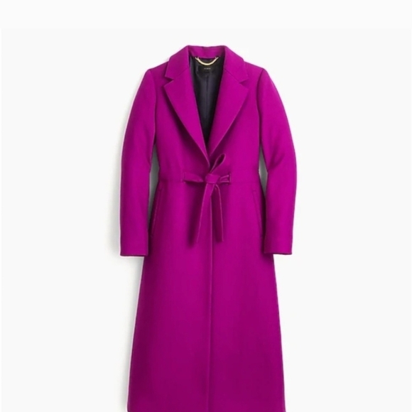 J Crew Long Wool Coat Pink Purple Tie Waist Trench Size 2 - Picture 7 of 8